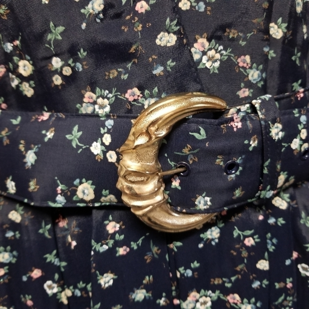 Vintage 80s Retro Cottagecore Ditsy Floral Belted Midi Dress L - Picture 4 of 10